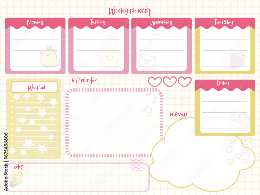 weekly reminder planner inspiration notepaper design printable . Pink, yellow, soft color kawaii pages for tags , daily notes, diet menu breakfast lunch dinner 