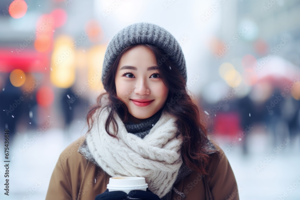 a happy modern asian woman with a mug glass of hot drink in the winter season on the background of the snow city a happy modern asian woman with a mug glass of hot drink in the winter season on the background of the snow city