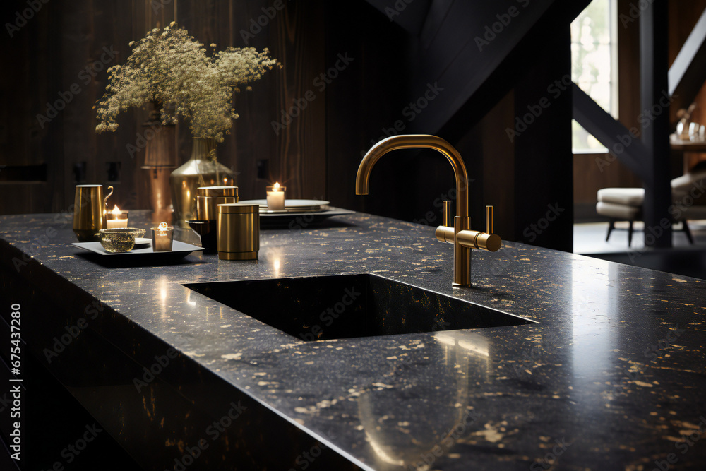 A kitchen sink in a luxurious house made of black terrazzo with gold
