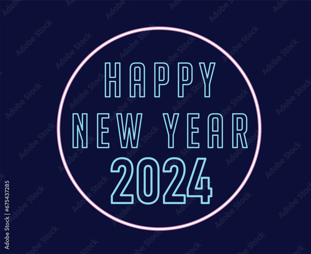 2024 Happy New Year Abstract Neon Design Holiday Vector Logo Symbol Illustration With Blue Background