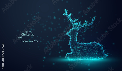 Deer Vector. Christmas dotted particles glowing animal deer background. Winter holiday glitter technology card texture. Glowing x-mas and Happy New Year vector design. © SidorArt