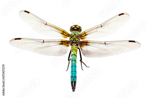 Generative AI image of a stunning Dragonfly flying, isolated on completely white background, macro