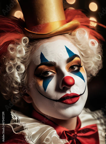 a close up of a woman wearing a clown makeup