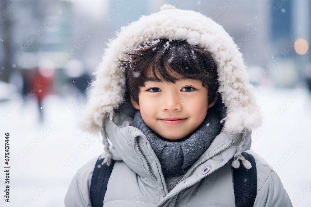a happy modern asian child boy in the winter season on the background of the snow city a happy modern asian child boy in the winter season on the background of the snow city