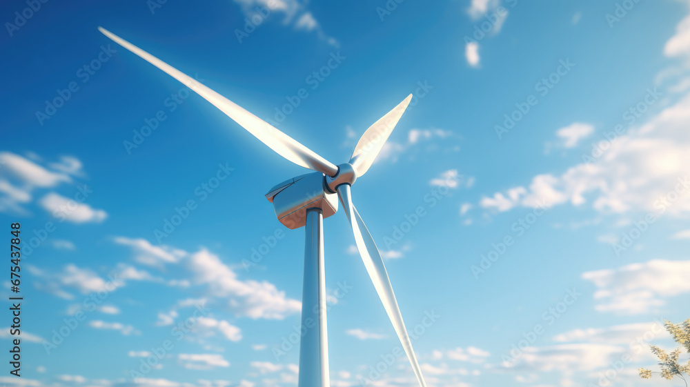 Close up view of a wind turbine against a clear blue sky. Renewable energy concept Close up view of a wind turbine against a clear blue sky. Renewable energy concept