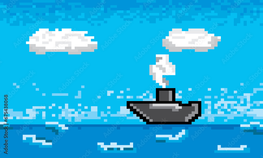 Fototapeta premium Vector Blue sea With big ships, black clouds and bright white clouds