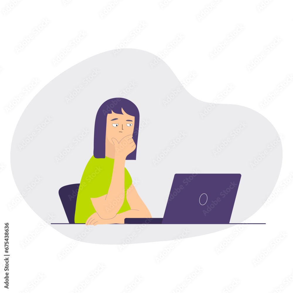 Young blue-haired woman thoughtfully looking in laptop. Puzzled girl with hand near her face working in computer. Young blue-haired woman thoughtfully looking in laptop. Puzzled girl with hand near her face working in computer.