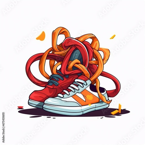 Sneakers tangled up in a knot, looking confused and bewildered. 