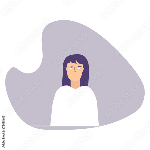 Boring sad young woman with blue hair thinking what to do. Sitting alone flat illustration.