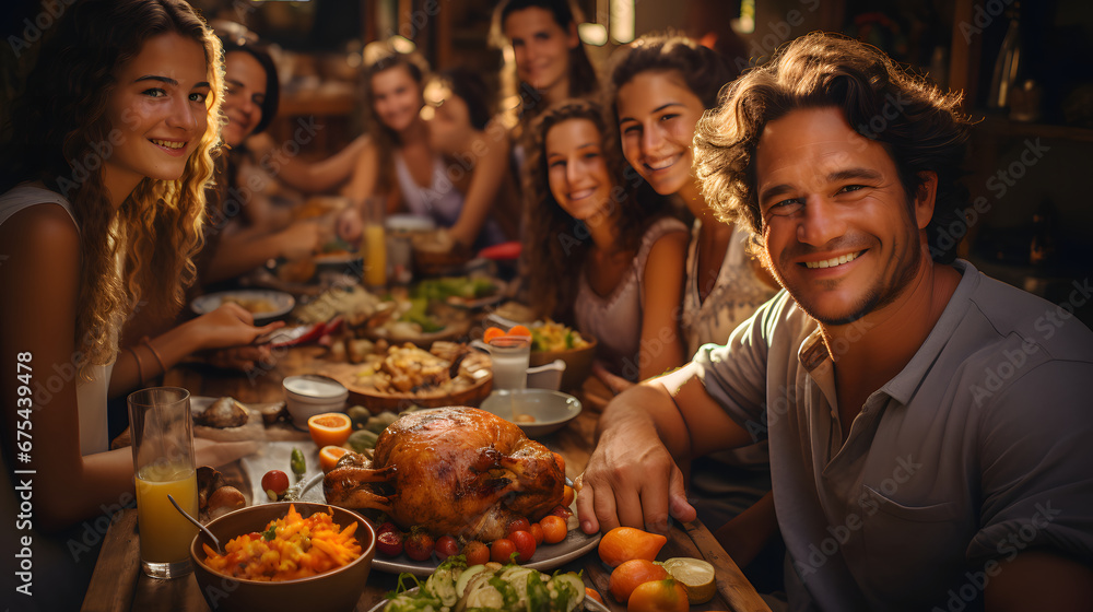 Group of friends having dinner together and smiling at camera in a restaurant. Men and women sitting at the table and eating. Thanksgiving concept.