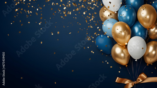 Celebration background concept with blue, golden, white balloons and confetti. Christmas background with copy space.