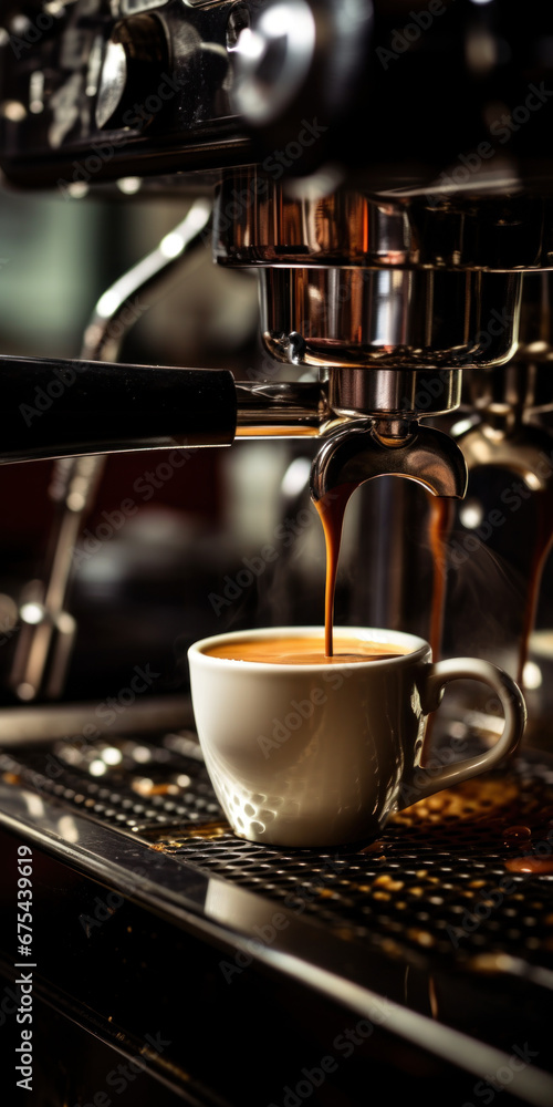 Machine à café professionnelle en train de faire couler un expresso tout chaud dans une tasse - obrazy, fototapety, plakaty 