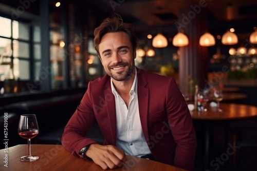happy modern man with a glass of expensive wine on the background of a fancy restaurant and bar