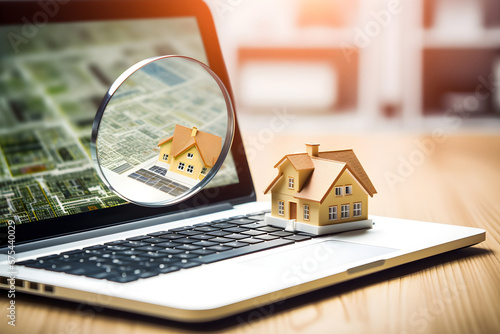  3D model house on a laptop keyboard with a magnifying glass on the screen, symbolizing in-depth research and exploration of real estate and housing options photo