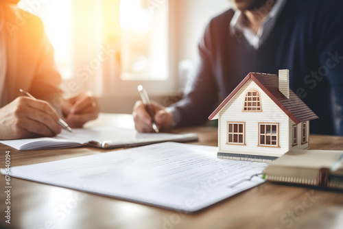 close-up as the real estate agent signs a mortgage agreement for a new home with a happy young couple, symbolizing the joy of home loan and property ownership. 