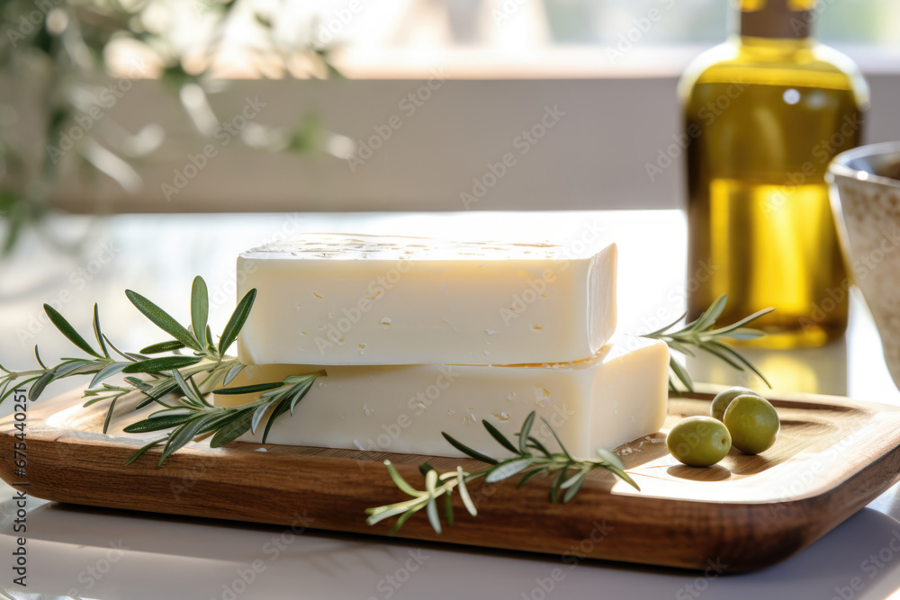 peace of hand made soap and branch of olive tree with leaves and green olives levitating on soup, on bright background, minimalistic product photography