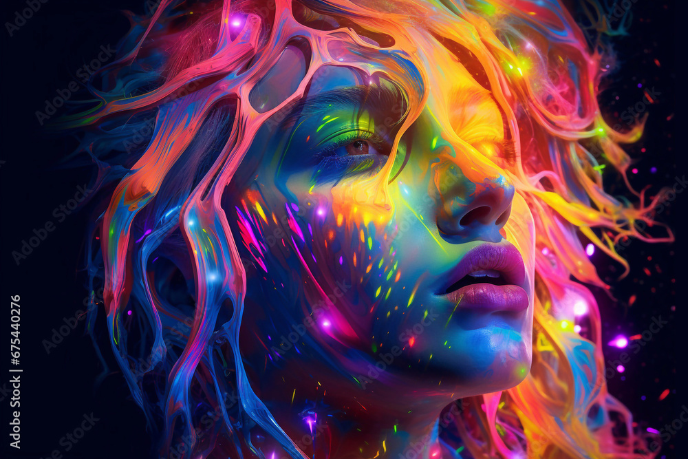 Portrait of a stylish young woman with colorful neon colors. The art of female beauty.