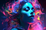 Portrait of a stylish young woman with colorful neon colors. The art of female beauty.