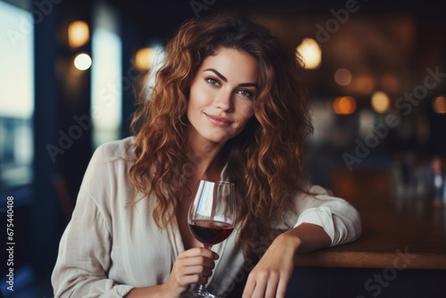 happy modern woman with a glass of expensive wine on the background of a fancy restaurant and bar