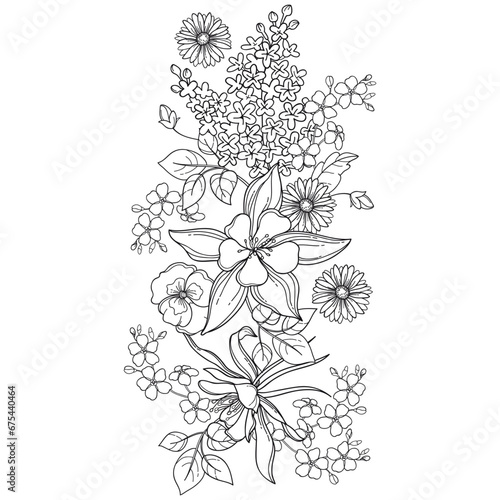 Bouquet with outline lilac, forget-me-not and pansies in black isolated on white background. 