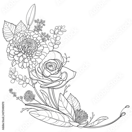 Corner bouquet with outline rose and dahlia with bud and leaves in black isolated on white background.