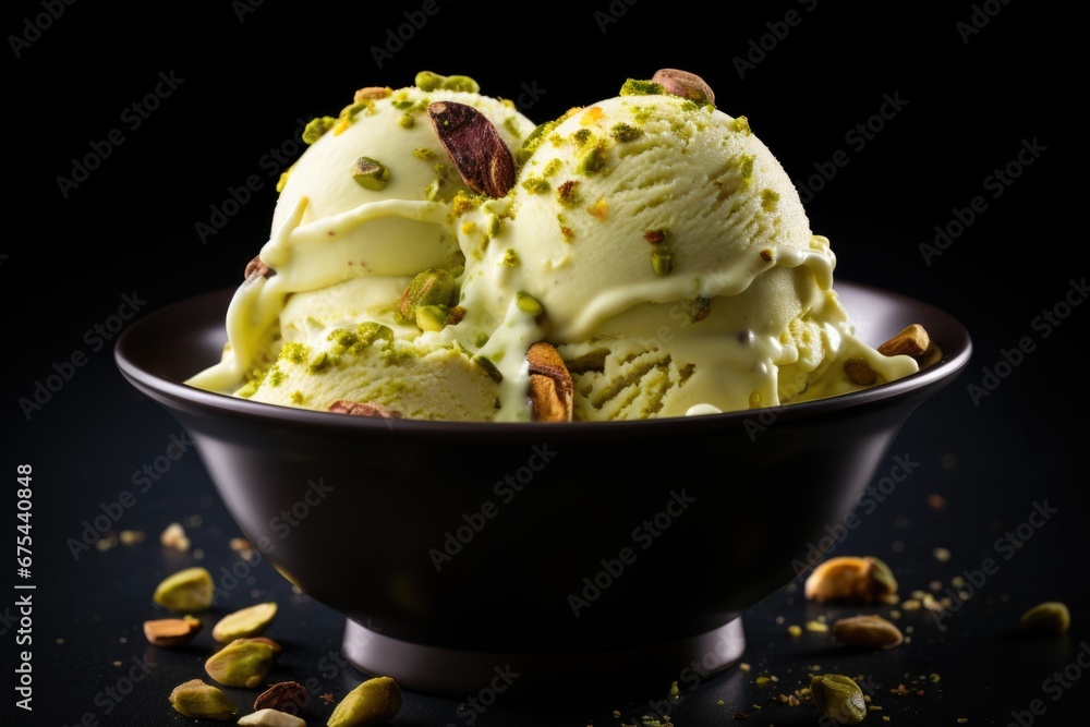 pistachio ice cream in a bowl with peaces pistachios 
