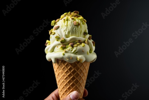 hand holding cone with pistachio ice cream and peaces of pistachios on black background  photo