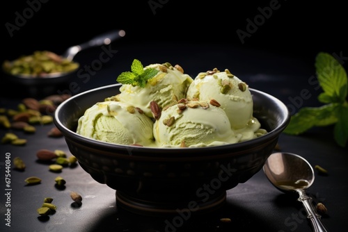 pistachio ice cream in a bowl with peaces pistachios  photo