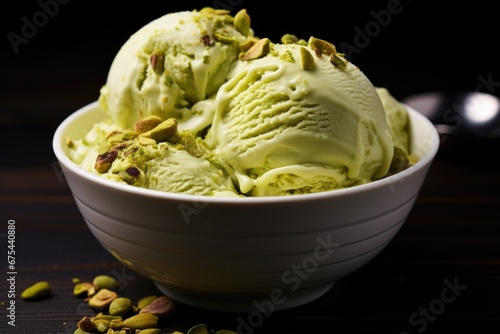 pistachio ice cream in a bowl with peaces pistachios 