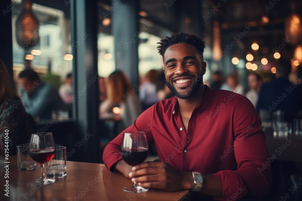 happy modern african american man with a glass of expensive wine on the background of a fancy restaurant and bar happy modern african american man with a glass of expensive wine on the background of a fancy restaurant and bar