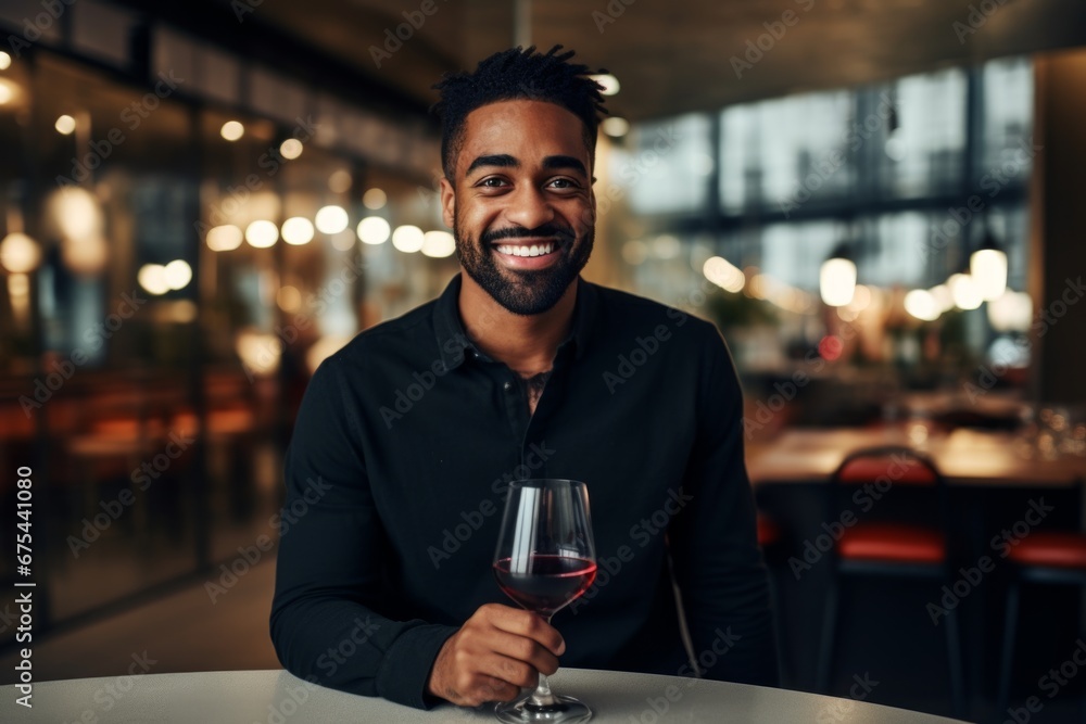 happy modern african american man with a glass of expensive wine on the background of a fancy restaurant and bar happy modern african american man with a glass of expensive wine on the background of a fancy restaurant and bar