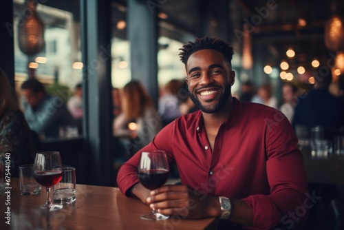 happy modern african american man with a glass of expensive wine on the background of a fancy restaurant and bar photo