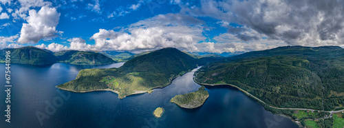Aerial view of the Fjords and mountains in Norway lake during summertime  photo
