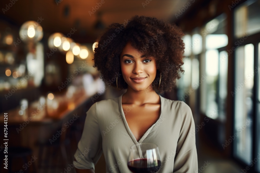 happy modern african american woman with a glass of expensive wine on the background of a fancy restaurant and bar - obrazy, fototapety, plakaty 