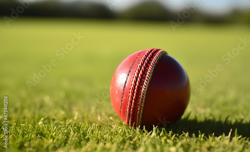 A shiny red cricket ball on lush green grass, epitomizing the spirit of the sport. photo