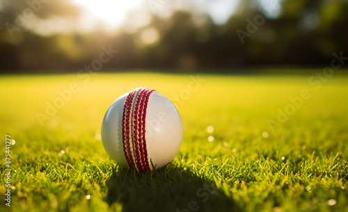 A shiny white cricket ball on lush green grass, showing the spirit of the sport.