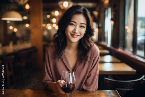 happy modern asian woman with a glass of expensive wine on the background of a fancy restaurant and bar