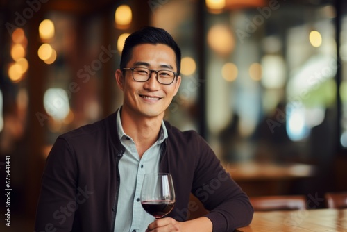 happy modern asian man with a glass of expensive wine on the background of a fancy restaurant and bar