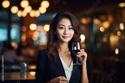 happy modern asian woman with a glass of expensive wine on the background of a fancy restaurant and bar © vasyan_23