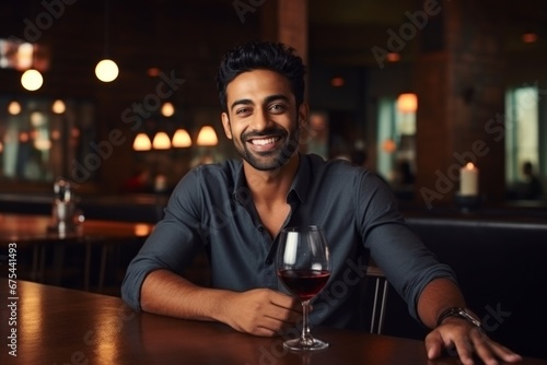 happy modern indian man with a glass of expensive wine on the background of a fancy restaurant and bar