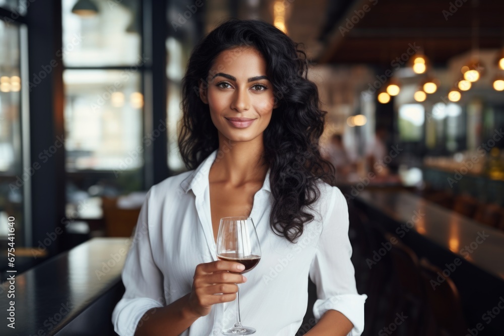 happy modern indian woman with a glass of expensive wine on the background of a fancy restaurant and bar happy modern indian woman with a glass of expensive wine on the background of a fancy restaurant and bar