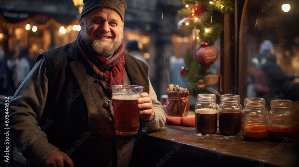A smiling man at an outdoor Christmas fair stand at night, surrounded by warm bokeh lighting