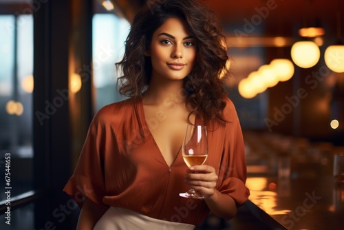 happy modern indian woman with a glass of expensive wine on the background of a fancy restaurant and bar