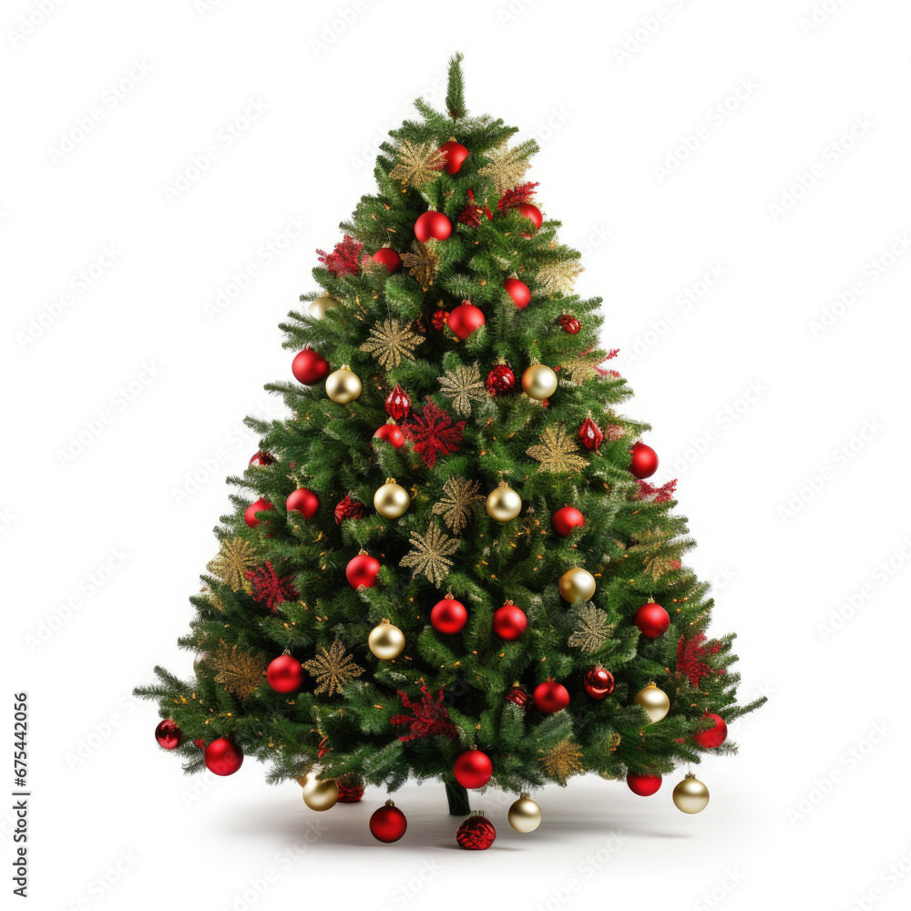 Beautifully decorated Christmas tree adorned with red and gold ornaments, surrounded by wrapped gifts at its base. Beautifully decorated Christmas tree adorned with red and gold ornaments, surrounded by wrapped gifts at its base.