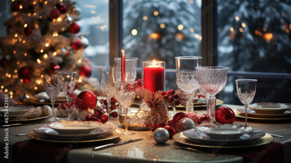 Festive Christmas dinner setting with wine glasses, candles, and elegant table decorations, framed by a softly lit Christmas tree and a snowy window backdrop.