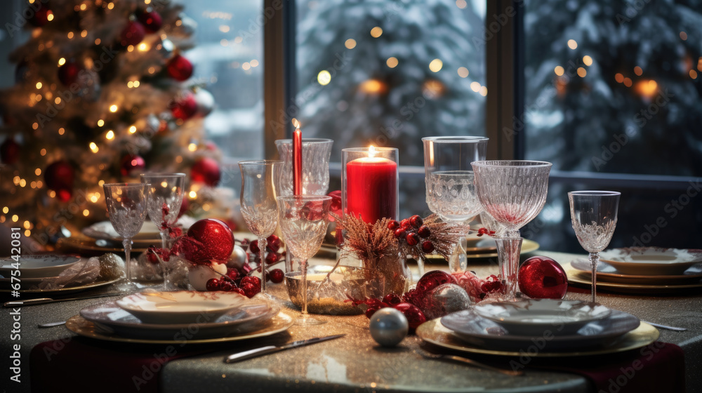 Naklejka premium Festive Christmas dinner setting with wine glasses, candles, and elegant table decorations, framed by a softly lit Christmas tree and a snowy window backdrop.