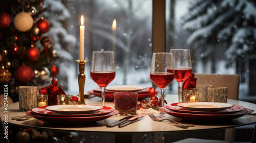 Festive Christmas dinner setting with wine glasses  candles  and elegant table decorations  framed by a softly lit Christmas tree and a snowy window backdrop.