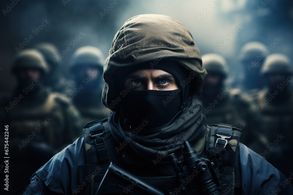 Group of soldiers with weapons and in masks, front view. Military conflict, army concept Group of soldiers with weapons and in masks, front view. Military conflict, army concept