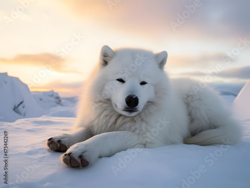 Eskimo Dog Resting in Arctic Snowscape  Generative AI