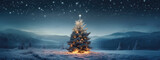 A majestic illuminated Christmas tree stands in a snowy meadow, surrounded by a dense pine forest under a starry night sky.